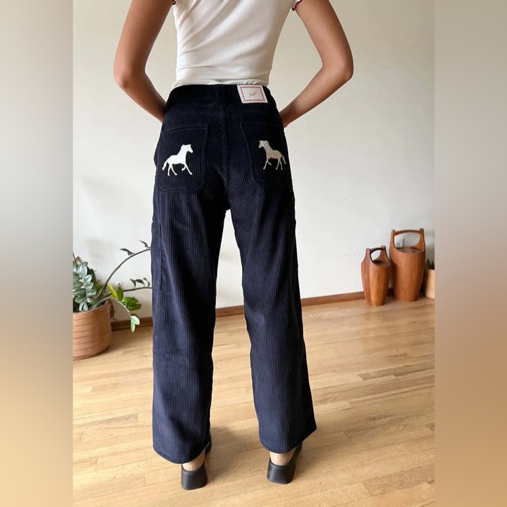 Lisa Says Gah Dylan Wide Leg Corduroy Carpenter Pants Navy Horses size 14